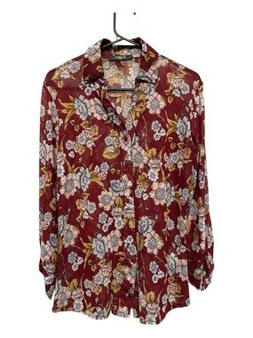 Day G Burgundy Sheer Floral Button-Up Blouse Size Large